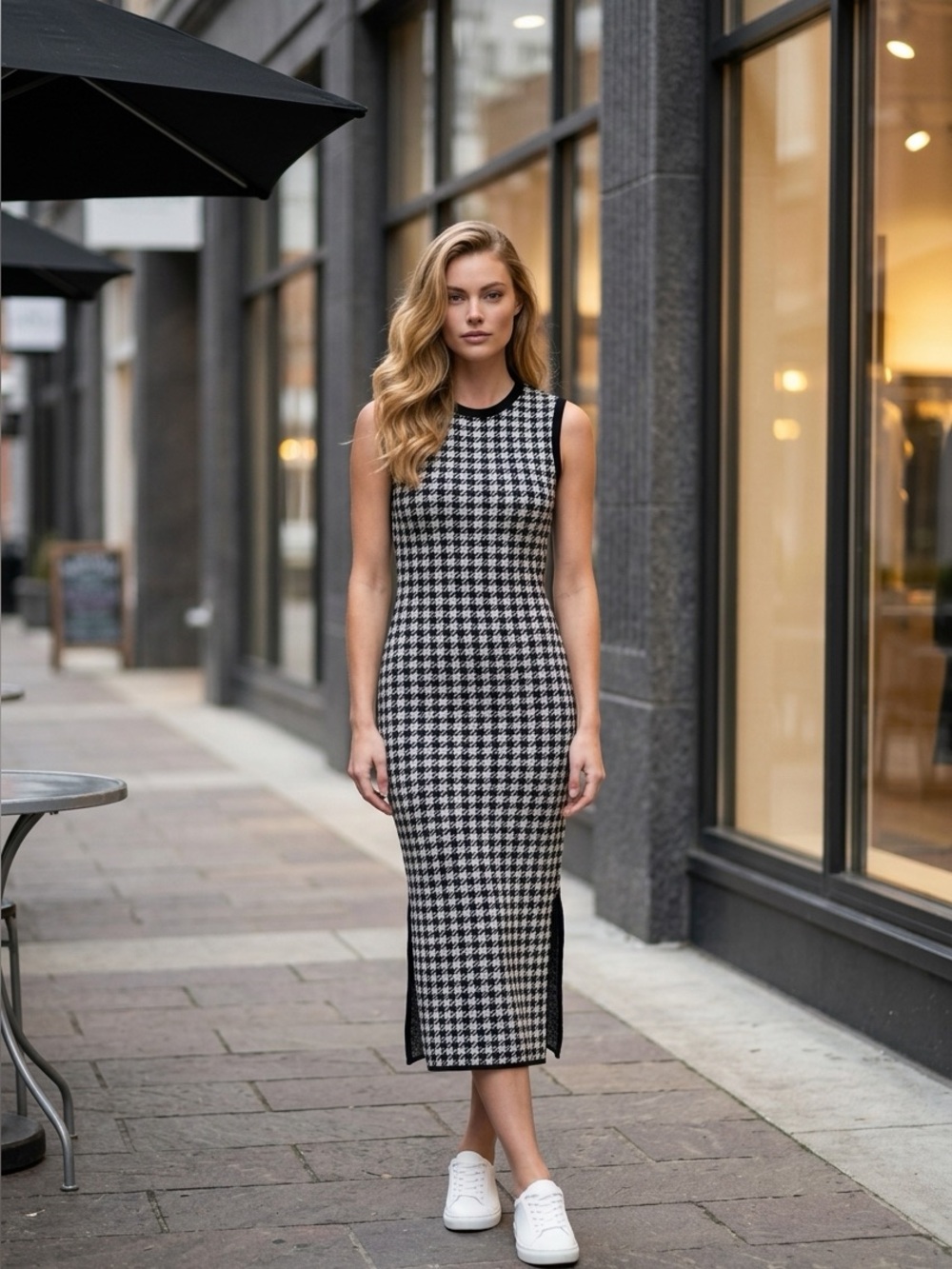 NWT Express Black & White Houndstooth Sleeveless Knit Sweater Dress Small